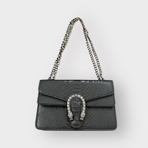 Black Croc Embossed Flap Shoulder Bag - Silver Pewter Crossbody Chain, Snake